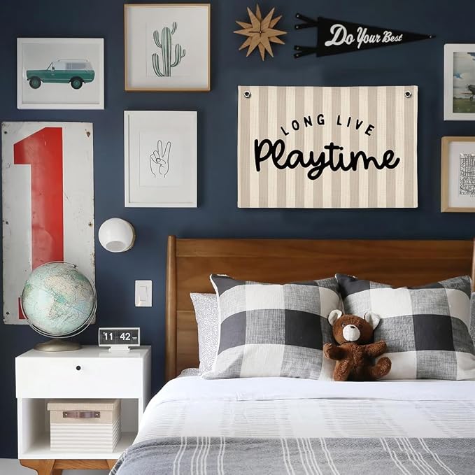 Playroom Decor, Long Live Playtime Wall Hanging Linen Banner, Blue Striped Wall Flag for Kids Room Nursery Playroom Decor, 20x30 Inch-Black