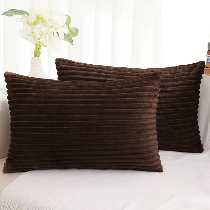 Simmore Decorative Fall Throw Pillow Covers 12x20 Set of 2, Soft Natural Plush Flannel Double-Sided Fluffy Rectangle Pillow Covers for Couch Sofa Living Room, Brown
