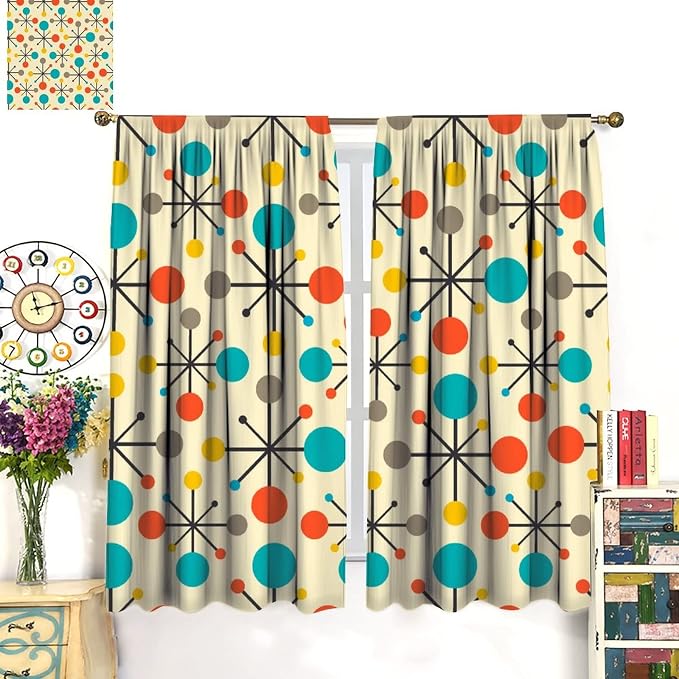 JESTRONRY Mid Century Curtains,Mid Century Fifties Modern Retro Colors Pattern Blackout Rod Pocket Window Drapes for Living Room Bedroom Kitchen Bathroom Home Decor 55x63in