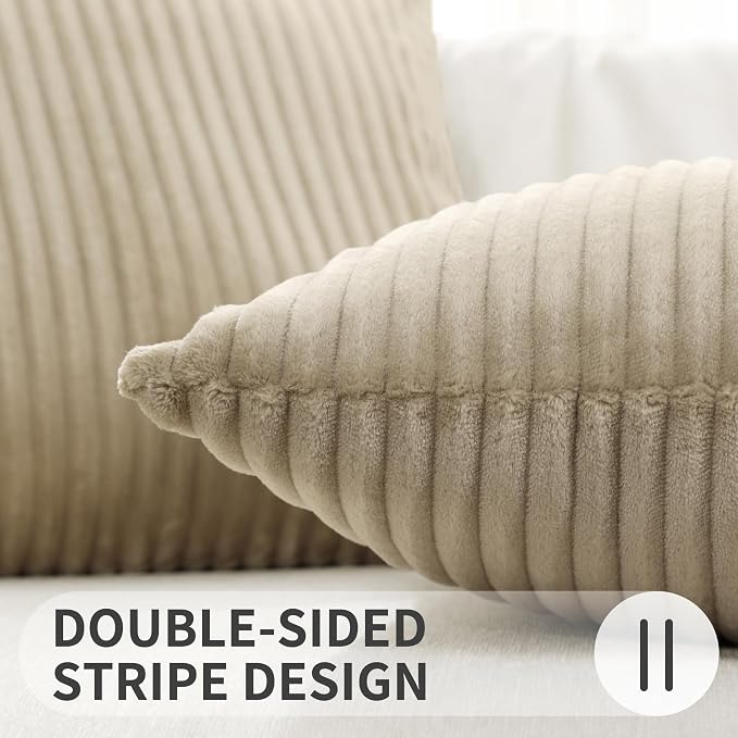 Simmore Decorative Fall Throw Pillow Covers 18x18 Set of 2, Soft Natural Plush Flannel Double-Sided Fluffy Couch Pillow Covers for Sofa Living Room, Khaki