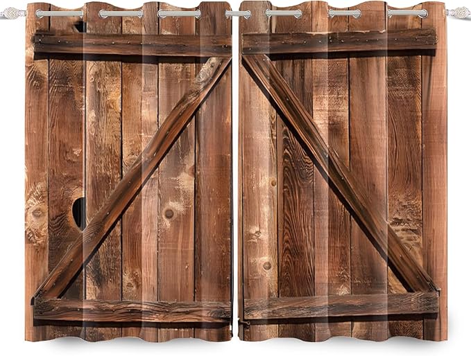 Old Tan Wooden Window Curtains American Rustic Garage Door Curtains Vintage Barn Door Drapes Wood Planks Rural Style Native Country Farmhouse Bedroom Window Treatment, 53x45 inch, 2 Panels