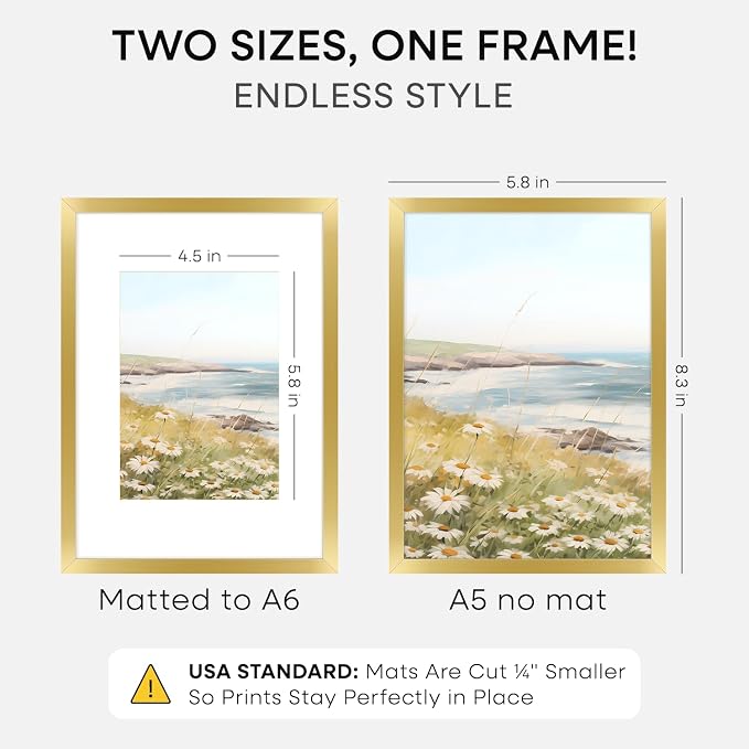 Homeforia A5 Picture Frame Gold, High End Metal 5.8 x 8.3 Frames Matted to 4.1 by 5.8 inch Photo, A5 Frame with Mat A6, 5.8x8.3 Poster Frames, 8.3x5.8 Display Frame, Tempered Glass, Wall Kit, Set of 2