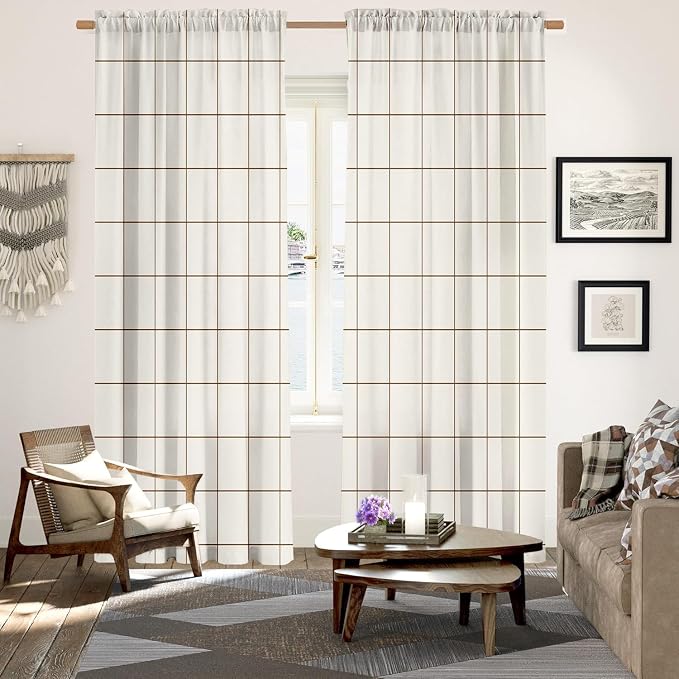 Plaid Curtains 84 inches Long for Bedroom,Farmhouse Gingham Curtains 84 Inches Long for Living Room,Beige Taupe Rustic Gingham Checkered Rod Pocket Light Filtering Stripes Privacy Drapes 2 Panels
