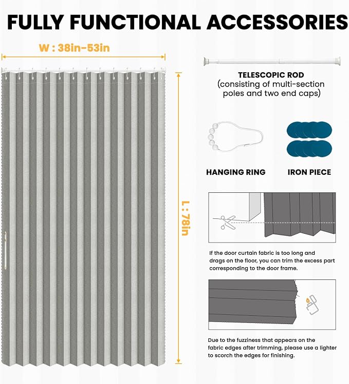 AJAZZ Set: Curtain Rods No Drilling (38-53" W Adjustable Range) & Accordion Door Curtain, Grey 53W×78" L, Accordion Doors for Closet Doorway Room Divider