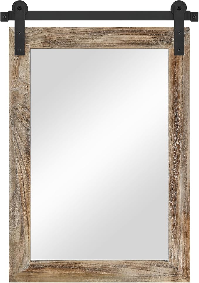 COGOOD Farmhouse Barn Door Mirror - 22 x 30 Rustic Wood Framed Wall Mirror for Bathroom, Living Room, Entryway Wall Decor (Striped Brown)