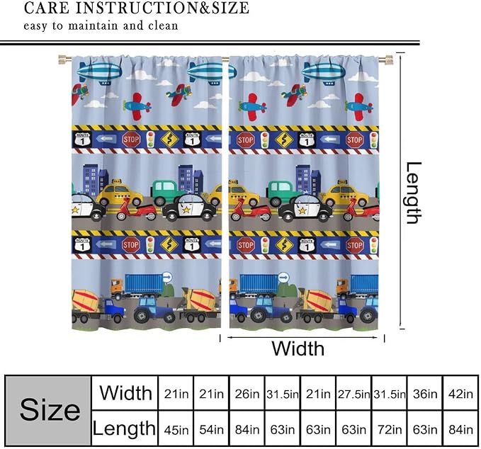Cartoon Cars Curtain,Kids Boys Aircraft Vehicles Road Clouds Print Window Treatment Curtains for Kitchen Bedroom Cafe Dining Room Office Living Room Drapes, 72x63 in