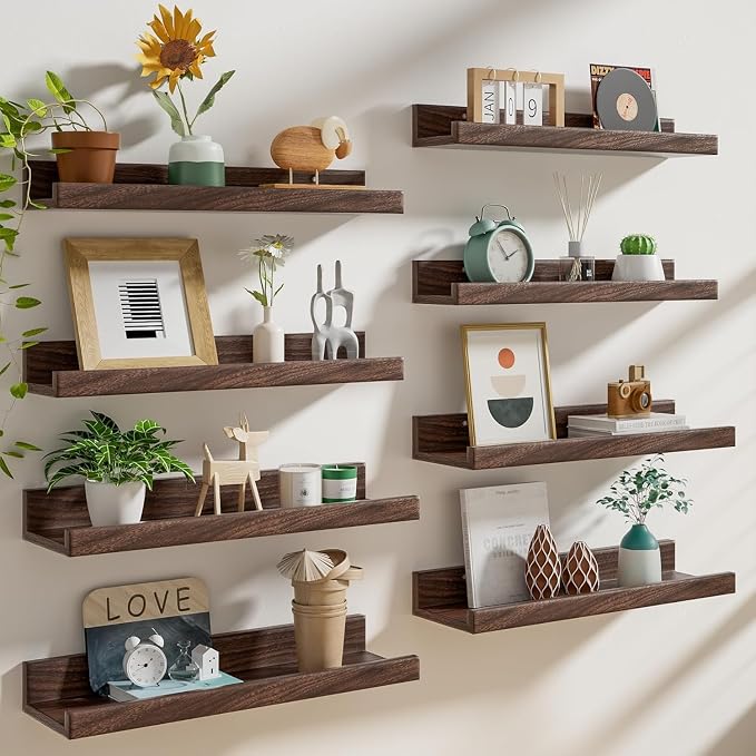 Heimlove 20 inch Picture Ledge Shelf Set of 8,Long Floating Shelves for Wall,Walnut Picture Shelf with Lip for Wall Decor,Living Room Bedroom Bookshelf Photo Frames Nursery Book Shelves for Storage
