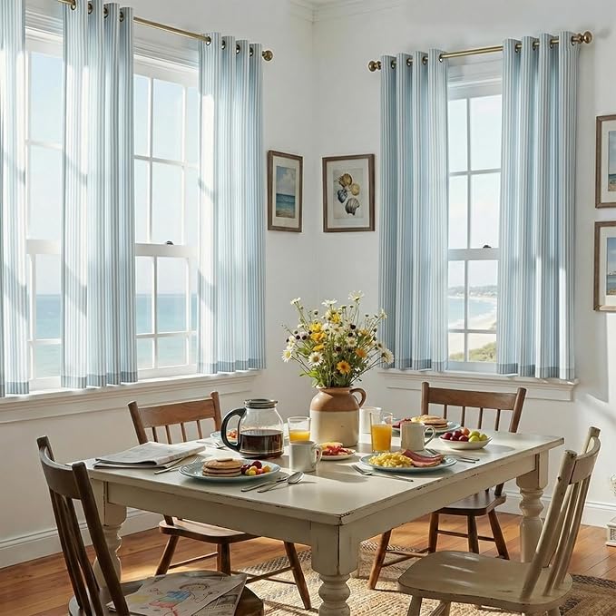 jinchan Linen Curtains 63 inch Aqua Blue Stripe on White Grommet 2 Panels | Curtains for Living Room Bedroom,Ticking Vertical Stripe ,Modern Beachy Coastal Drapes,Window Treatment,Light Filtering