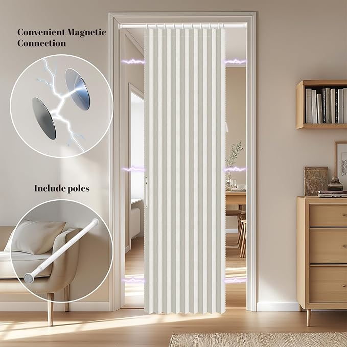 AJAZZ Blackout Accordion Door Sets Included Rod (1 Pack, 54W x 78 L, Beige) Accordion Doors Interior Magnetic Door Curtain for Bedroom Living Room Doorway Curtain