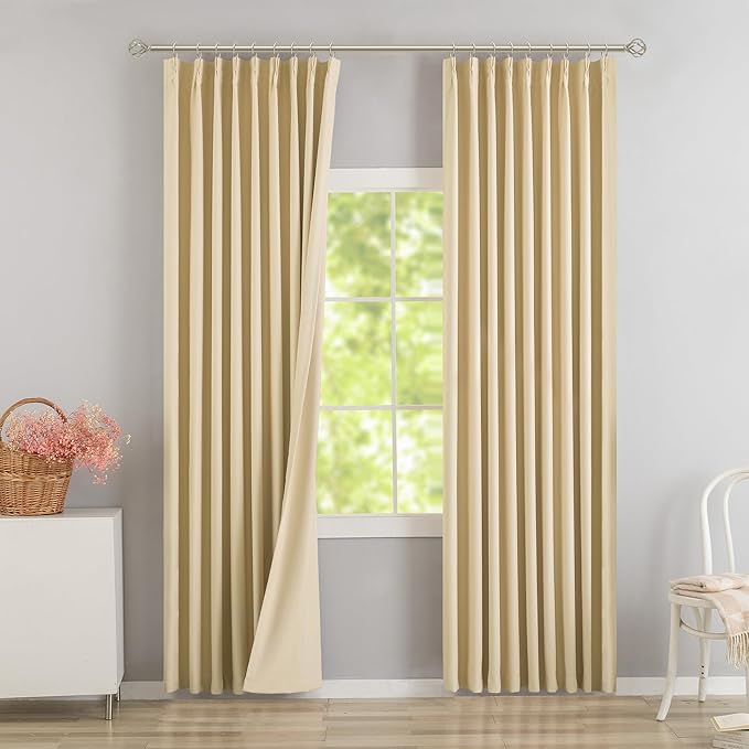 DONREN Beige Pinch Pleated Blackout Curtains with Hooks - 90 inch Length Room Darkening Thermal Insulated Window Curtain Panels for Living Room Bedroom 2 Panel 40" Wx90 L