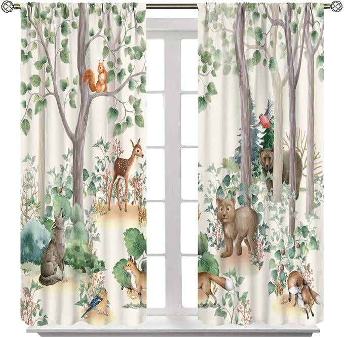 Forest Animal Kids Curtains, Wild Rustic Bear Fox Deer Children Cartoon Window Treatments for Living Room, Watercolor Blackout Drapes 2 Panel Sets,55x63 Inch