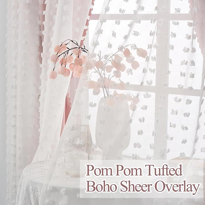 Cute Pink Blackout Curtain for Girls Room 63 Inches Long 1 Panel Thermal Insulated Double Layer Curtains Pom Pom Overlay Boho Light Blush Darkening Nursery Curtains & Drapes 63 Inch Length