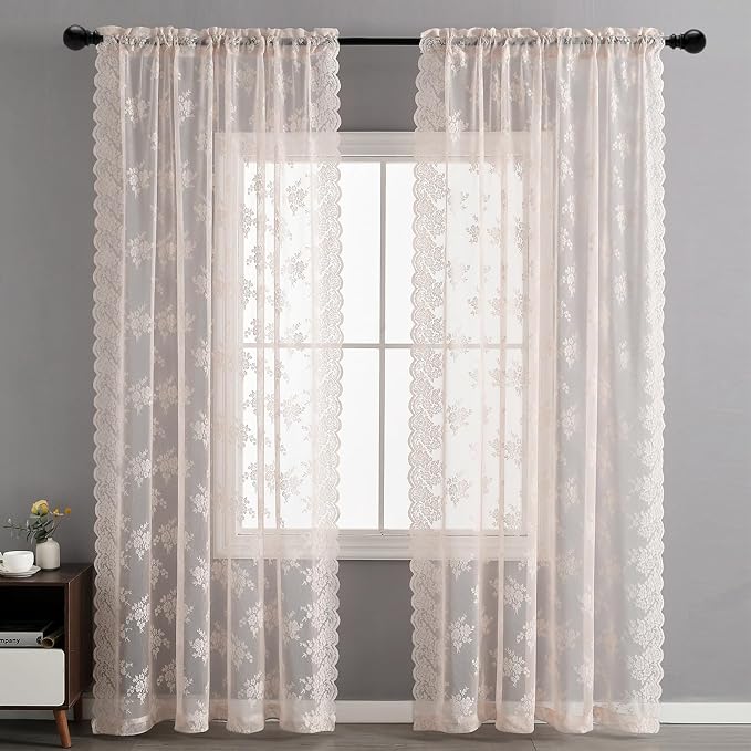 Kotile Blush Pink Sheer Curtains 54 Inch Length, 2 Panels, W42 x L54 Inch Each, Country Rustic Floral Coquette Lace Curtains for Girls Bedroom, Rod Pocket Privacy Light Filtering Lacy Window Curtain