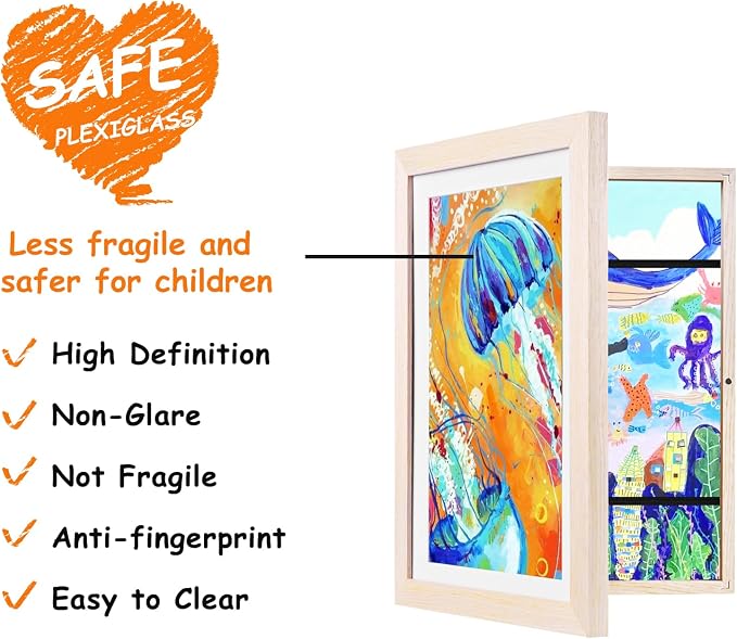 KINLINK 10x12.5 Kids Art Frame 2 Pack, Solid Wood Artwork Frames Changeable, Front Opening Hold 150 Pictures, Art Frames for Kids Artwork, 8.5x11 with Mat 10x12.5 without Mat, Picture Frames Natural