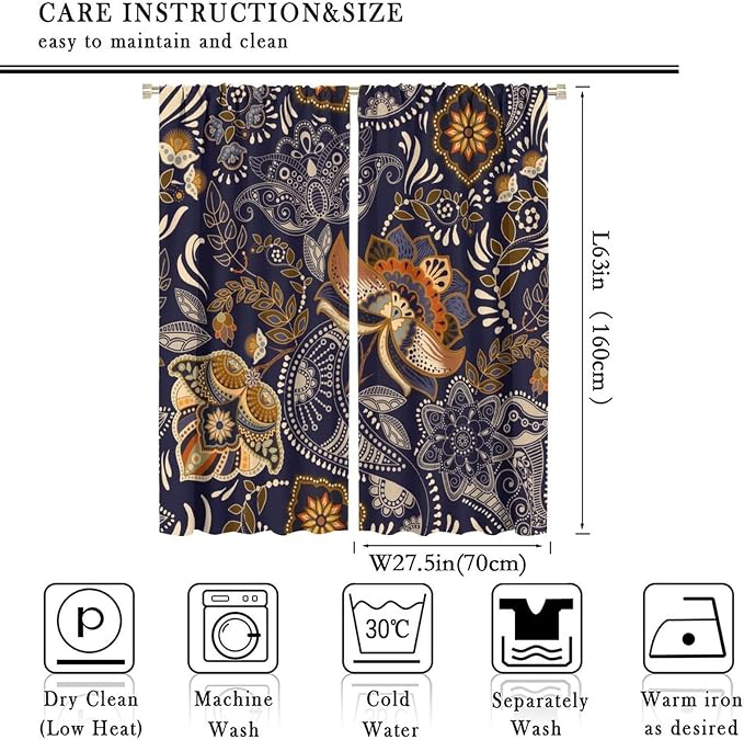 Indian Boho Curtains, Mandala Design Colorful Boho Floral Paisley Curtains, Bedroom Living Room Blackout Decorative Curtains, 2 Panel Set, 55x63 Inch.