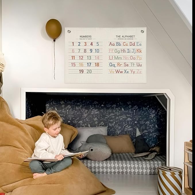 Playroom Wall Decor, Alphabet Poster Alphabet Numbers Banner, Nursery Wall Decor, ABC Canvas Banner Wall Hanging Banner Flag Decor for Toddler Playroom Nursery, 30x20 Inch, Beige