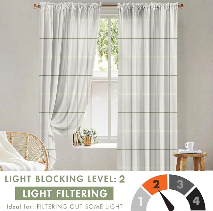 Plaid Curtains 84 inches Long for Bedroom,Farmhouse Gingham Curtains 84 Inches Long for Living Room,Beige Sage Green Gingham Checkered Rod Pocket Light Filtering Stripes Privacy Drapes 2 Panels