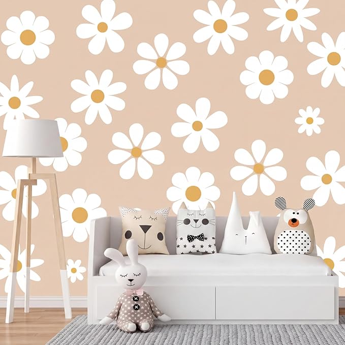 TaoBary 12 Sheet Daisy Wall Sticker Decal Removable Cute Daisy Bedroom Room Decor Flower Wall Sticker Pink White Flower Decal Wallpaper Peel and Stick for Nursery Home(White, Yellow,Novelty Style)