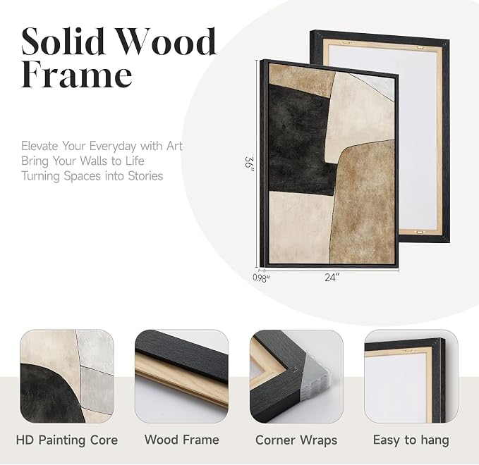 Framed Beige Black Abstract Wall Art for Living Room, Set of 2 Minimalist Geometric Neutral Artwork for Walls, Large Contemporary Painting Print for Bedroom Hallway Home Office Wall Decor, 24x36 Inch