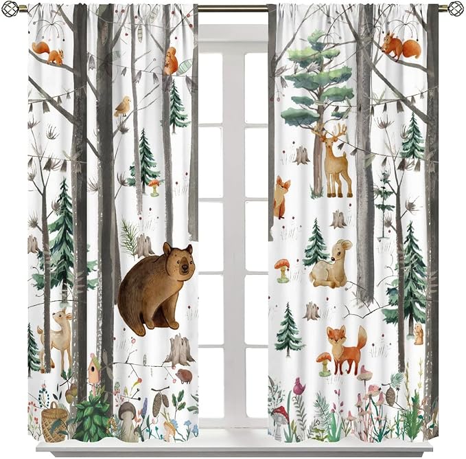 YCness Kid Forest Woodland Animal Fox Elk Bear Watercolor Print Curtains for Nursery Bedroom Living Room, Rustic Wild Animal Window Drapes 2 Panel Set, 42x54 Inch