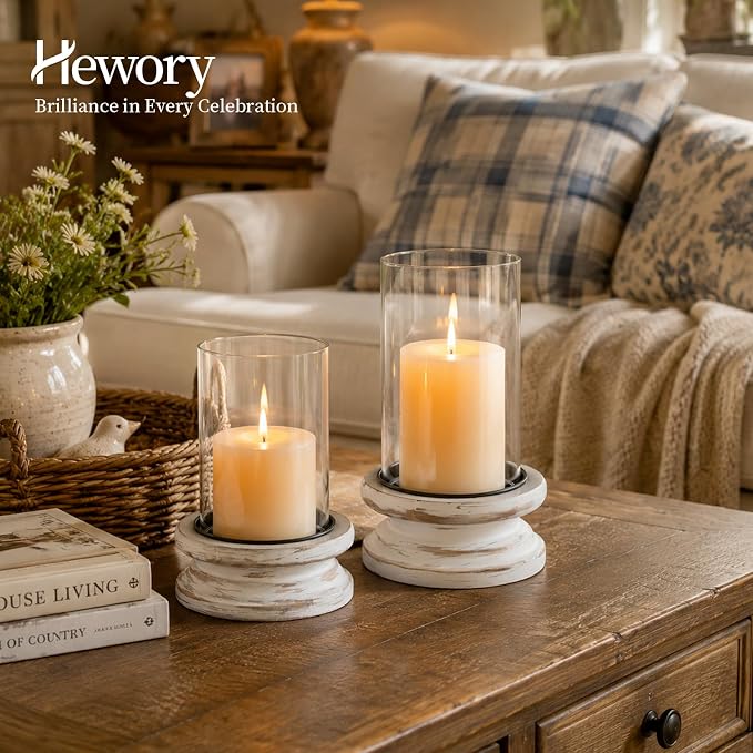 Hewory Hurricane Glass Candle Holder: Rustic White Candle Holders for Pillar Candles, Vintage Decorative Wood Stand with Clear Cylinder Glass for Table Centerpiece Fireplace Mantel Farmhouse Decor