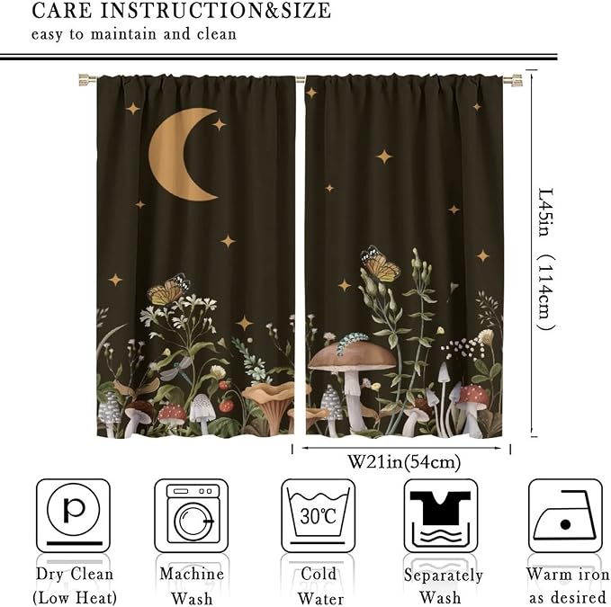 Wild Mushroom Blackout Curtains,Retro Floral Plants Boho Moon Star Window Drapes,Butterfly Botanical for Living Room Kitchen Bedroom,Black Background 42x45 Inch