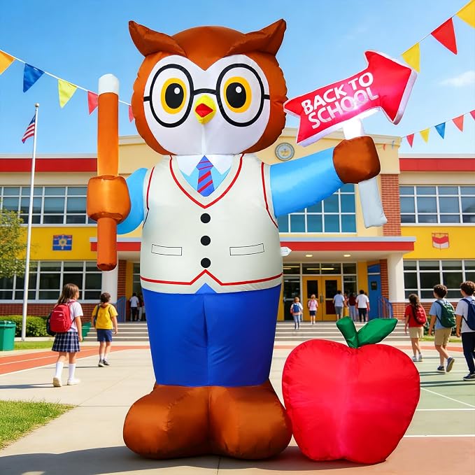DomKom 5FT Back to School Inflatable Professor Owl with LED Lights, Blow Up Yard Decor with Apple & Pencil, Waterproof Lawn Ornament for First Day School, Classroom Welcome & Graduation Party