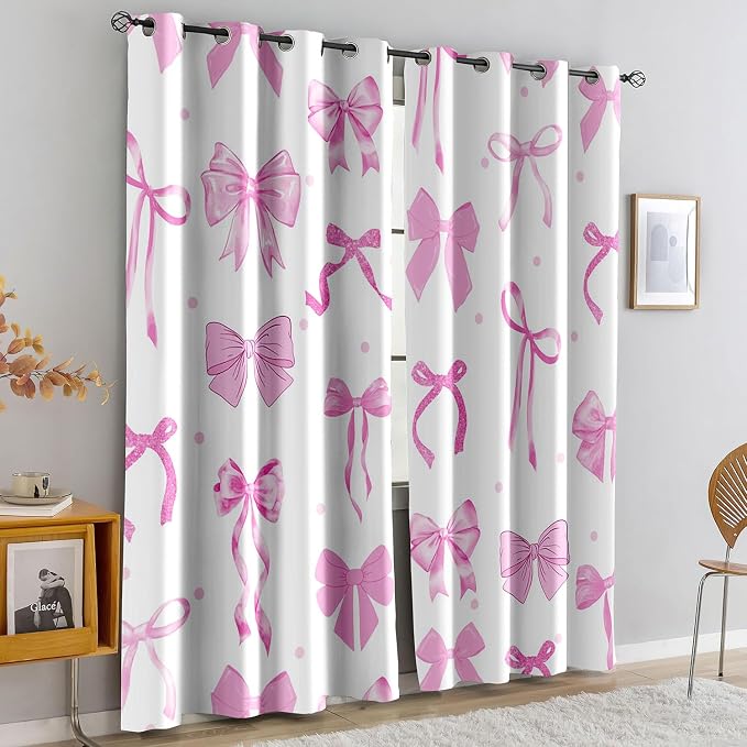 LUVIVIHOME Cute Curtains, Pink Bow Blackout Curtains, Girls Bedroom Decor, Aesthetic Girly Curtains, 2 Panel Sets, 52x84 Inch