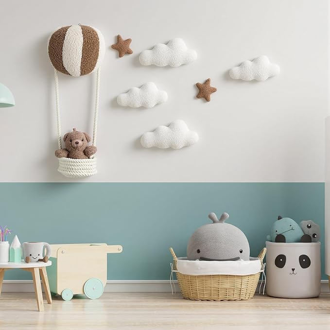 Chumia 7 Pcs Teddy Bear Nursery Wall Decor Hot Air Balloon Nursery Wall Art with Clouds Star Soft Plush Baby Room Decor Gender Neutral for Bedroom Playroom Decoration