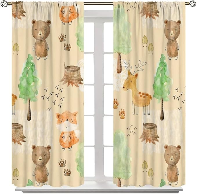 Rustic Animal Curtains, Wild Forest Animal Bear Fox Deer Kids Window Treatments for Living Room Bedroom, Farmhouse Woodland Blackout Drapes 2 Panel Sets, 42x63 Inch