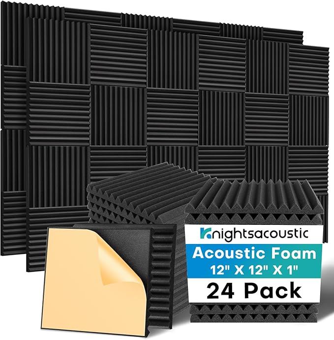 Knightsacoustic 24 Pack Sound Proof Foam Panels for Walls with Self Adhesive, 12x12x1 Acoustic Foam Panels, High Density Acoustic Panels Sound Absorbing, Fire Resistant Studio Sound Proofing Black