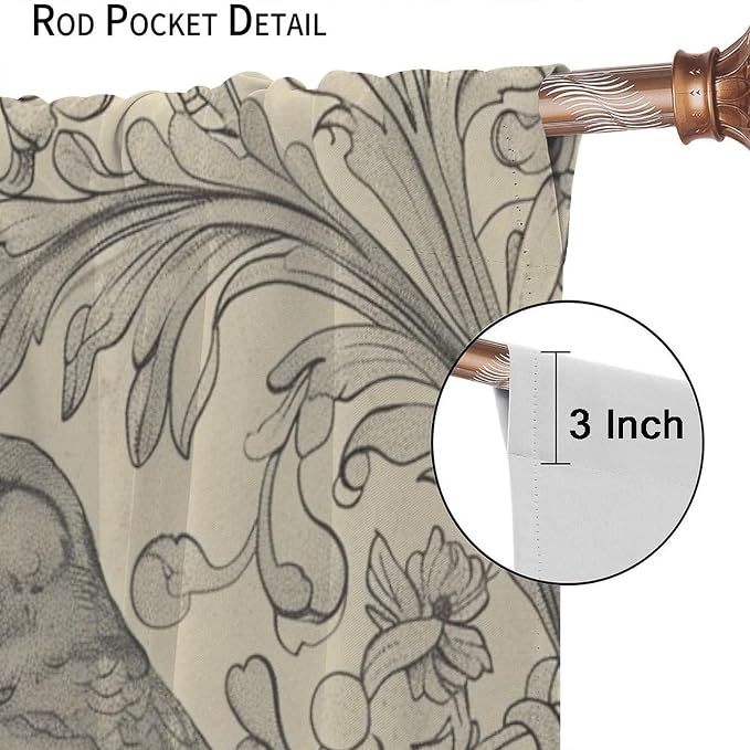 William Morris Blackout Curtains, Vintage Bird Crow Boho Rustic Flower Print Window Drapes, for Bedroom Living Room 55" W X 63" L