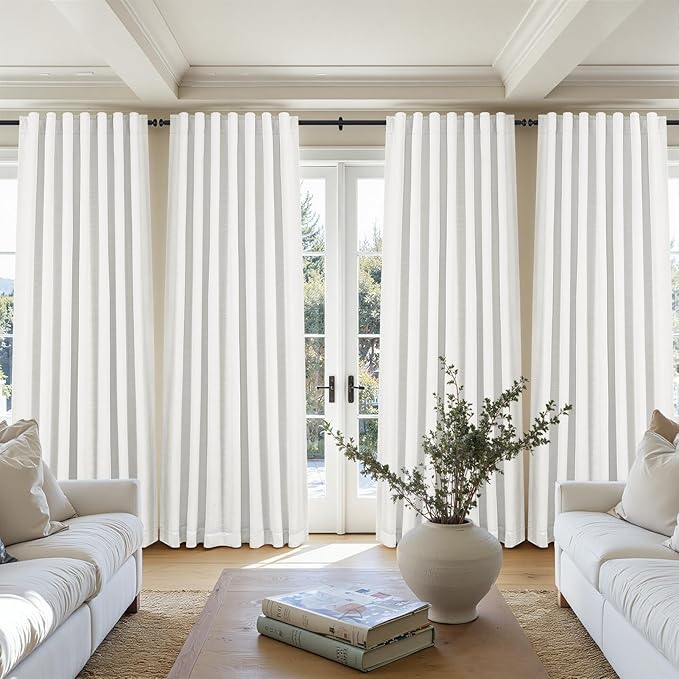 Topfinel 108 Inch Extra Long 100% Blackout Linen Curtains with Rod Pocket & Back Tab, Beige White Floor to Ceiling Drapes for Villa Bedroom Livingroom Boho Elevated Decor Beige White 52" W*108" L