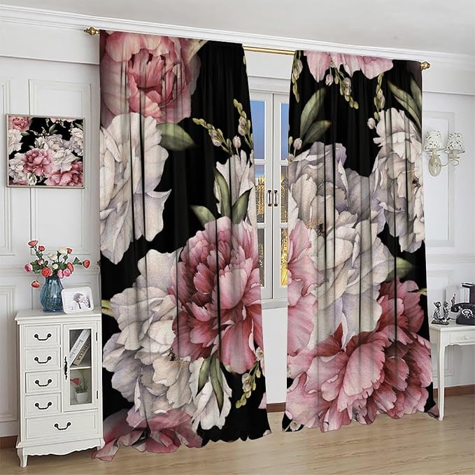 Black Boho Floral Decor Curtain Vintage Watercolor Rose Peony Retro Pink Blossom Flowers Rustic Spring Leaf for Home Kitchen Livingroom Coffee Room Window Drapes 2Panel 41" W X 62" L