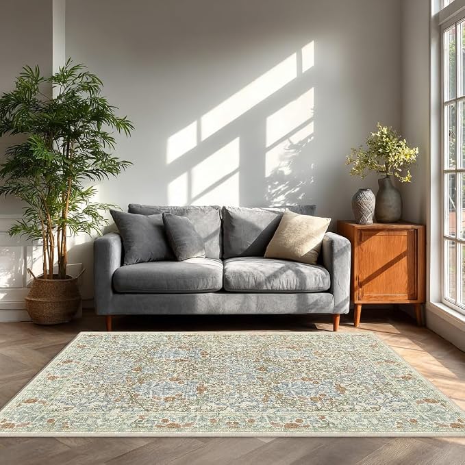 4x6 Area Rug for Bedroom Beside Rug, Laundry Room, Entryway, Kitchen, Washable Non-Slip Low Pile Ultra Soft Stain Resistant Carpet (Beige Blue)