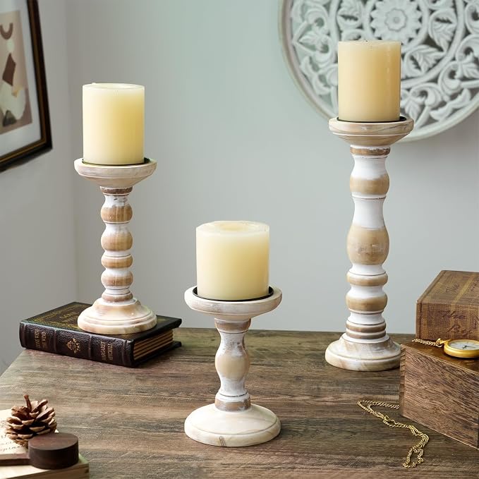 Wooden Pillar Candle Holder: Rustic White Candle Stand Wood Distressed Candleholders Farmhouse Fall Decor for Christmas Fireplace Mantle Dining Table Living Room Shelf Set of 3