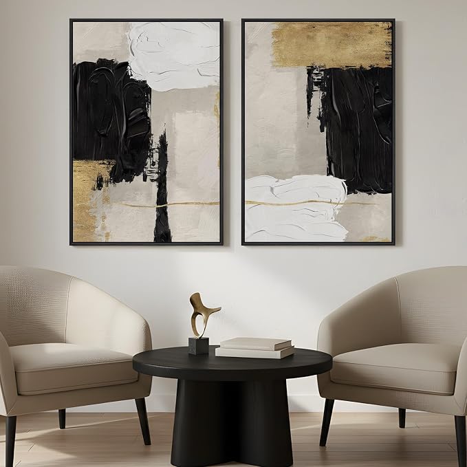 Framed Black and White Abstract Wall Art for Living Room, Set of 2 Gold Modern Minimalist Canvas Artwork for Walls, Large Black White and Gold Luxury Prints Wall Decor for Bedroom Hallway, 24x36 Inch