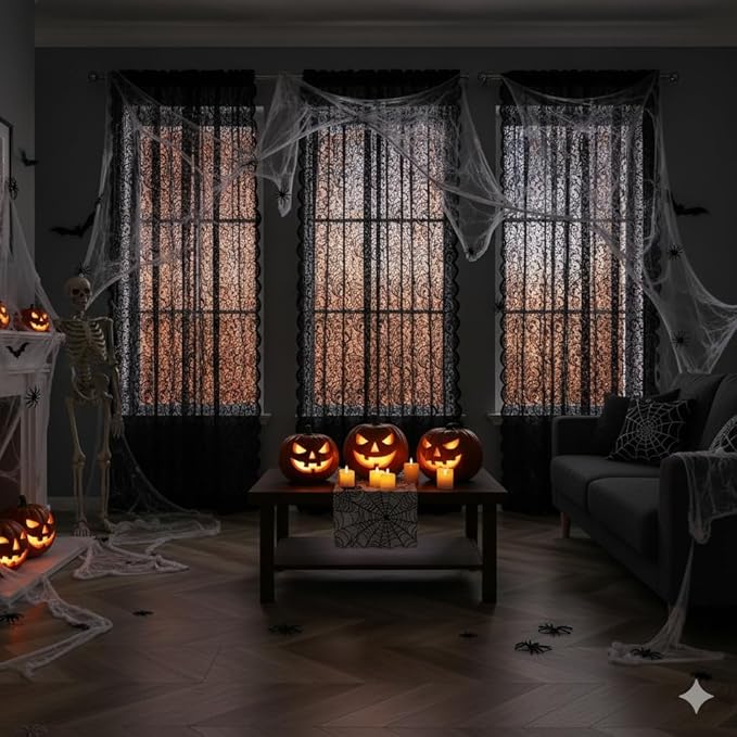 Bujasso Black Sheer Lace Curtains 54 inch Vintage Floral Short Curtain Panels for Kitchen Living Room Bedroom Luxury Light Filtering Black Drapes Window Treatment Sets Grommet Top 54" Wx54 Lx2