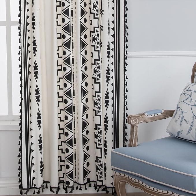Sutuo Home Black and White Boho Curtain 84 Inches Length for Bedroom, Printed Cotton Linen Geometric Rod Pocket Chic Semi Blackout Bohemian Tassels Window Treatment, 1 Panel 59" W x 84" L