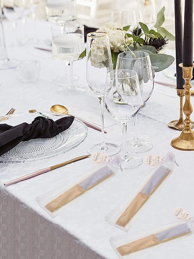 Cosweet 24 Set Wedding Hand Fans with Thank You Tags & Organza Bags, White Paper Fans Bulk Bamboo Decorative Folding Fans for Wedding Guests Party Favors Bridal Shower Church Decoration
