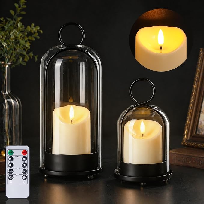 Brass Hurricane Handmade Sturdy Glass Dome Candle Holders with Glass Cover, Set of 2 Flameless Battery Operated LED Pillar Candles and Remote, Elegant Cloche Lantern for Modern Table Centerpiece