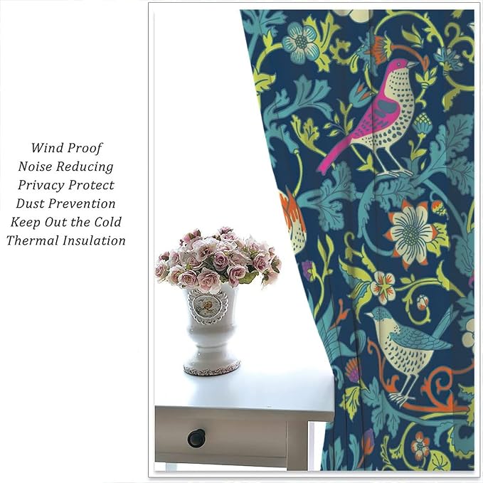 Boho William Morris Art Blackout Window Curtains, Magical Forest Vintage Flowers and Birds Rod Pocket Curtains, for Living Room Bedroom 26(W)*84(L) 2 Panels