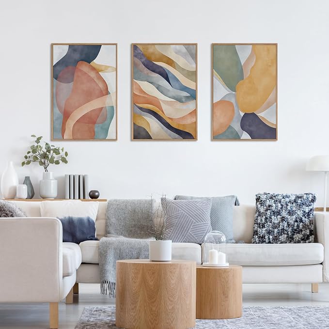 LHIUEM Large Abstract Neutral Framed Canvas Wall Art Set,Colorful Watercolor Block Wall Decor,Boho Geometric Illustrations Artwork for Living Room,Bedroom,Dining Room,Office -16"x24"x3