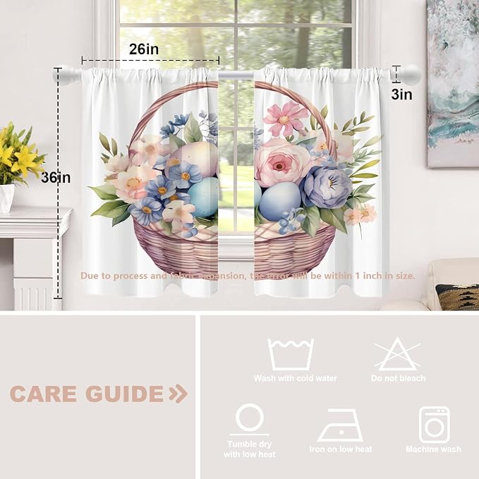 Shrahala Basket Flowers Eggs Blackout Curtain Tiers, A Basket with Floral and Eggs Kitchen Valance Light Blocking Tier Drapes with Rod Pocket, 2 Pack 26 X 36 in