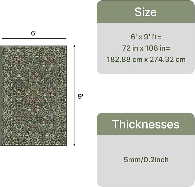 GENIMO 6x9 Washable Living Room Area Rug, Non Slip, Emerald Green | Vintage Boho Floral Low Pile Thin Carpet for Bedroom, Dining Room, Nursery, Indoor Decor