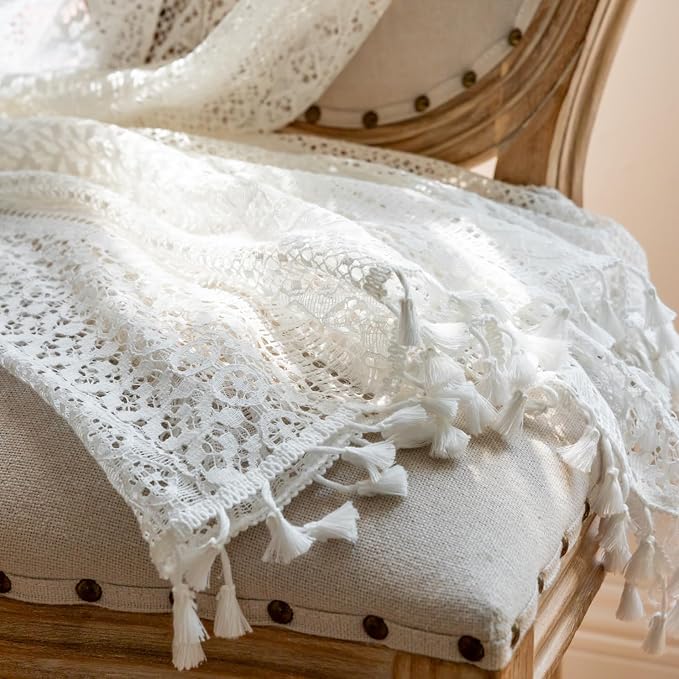 WAZZIO Boho Lace Curtains 45 Inches 2 Panel,Light Filtering Privacy Tassel & Geometry Crochet Semi Sheer Curtain Drapes for Bedroom Living Dining Room,Rod Pocket & Tassel,Victorian Decor,Off White