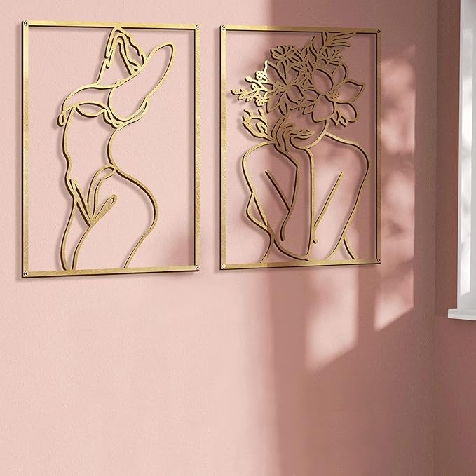 Glamativity Large 4 Pack Gold Wall Art Décor, Minimalist Décor Single Line Art Wall Décor, Real Metal Wall Art, Woman's Body Shape Abstract Wall Art (Gold Classic Style, L Size 22.5 x 15.7'')