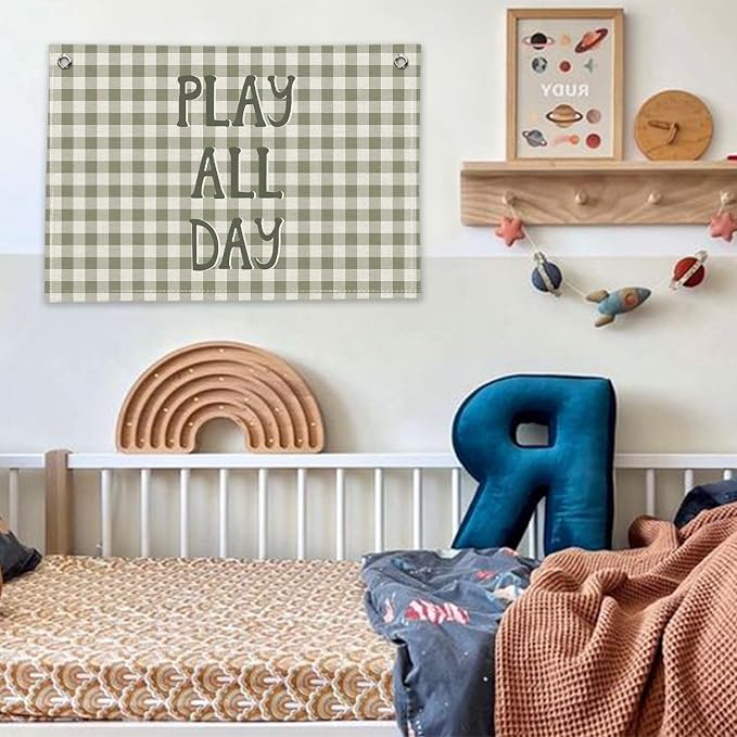 RTXLEZM Kids Playroom Decor, Play All Day Canvas Banner Wall Hanging, Retro Boho Sage Green Plaid Wall Art Prints for Baby Toddler Boys Nursery Room Bedroom Playroom Decor, 20x30 Inch