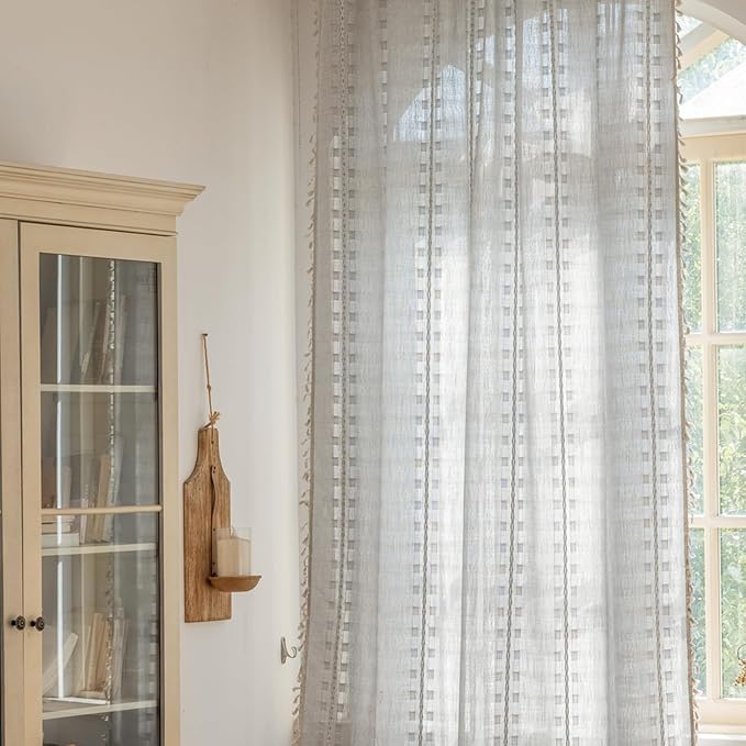 Deeprove Silver Grey Boho Curtain 84 inches Length for Living Room Bedroom Nursery Doorway, Cream Bohemian 84 inches Long, Stripe Embroidery Privacy Window Fringe Christmas Decor W52 x L84, 1 Panel
