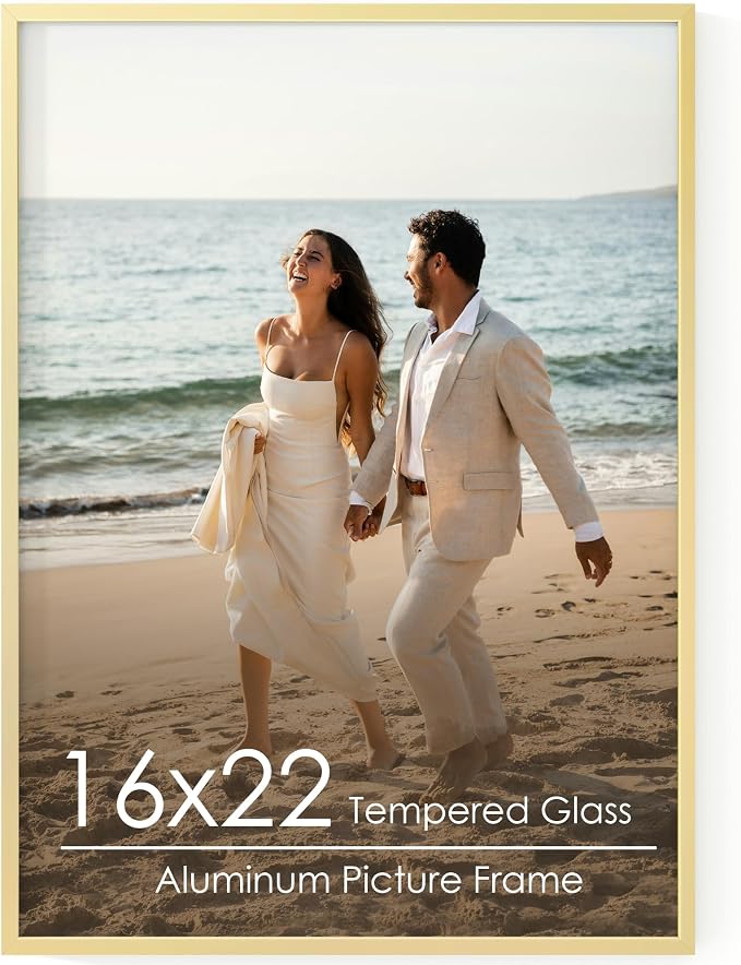 FLYJOE 16x22 Metal Picture Frame - Gold Aluminum Picture Frames with Real Glass, Wall Mounting Horizontally or Vertically, Diploma, Certificates and Decor for Wall Gallery 22x16 Frame, Gold